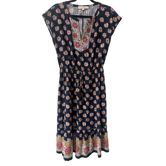 LOFT Dresses & Skirts - LOFT Womens Navy Blue Floral Boho Midi Dress Cap Sleeve Tassel Waist Small
